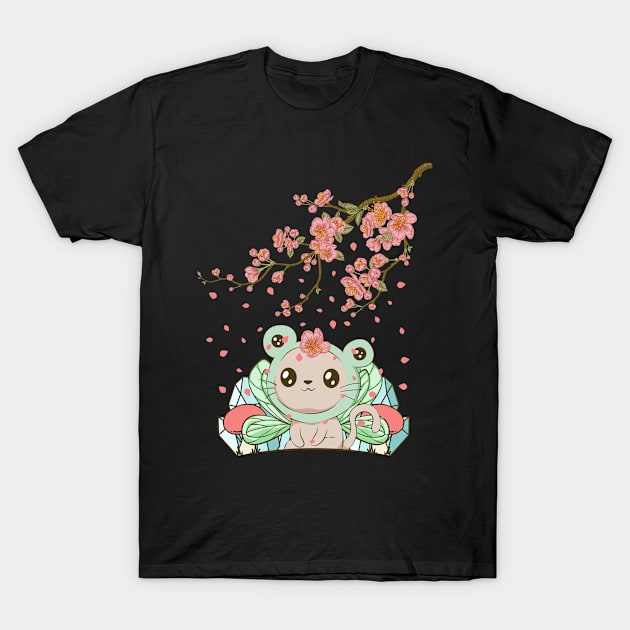 Fairycore Aesthetic Fairy Cat Frog Cherry Blossom T-Shirt by Alex21